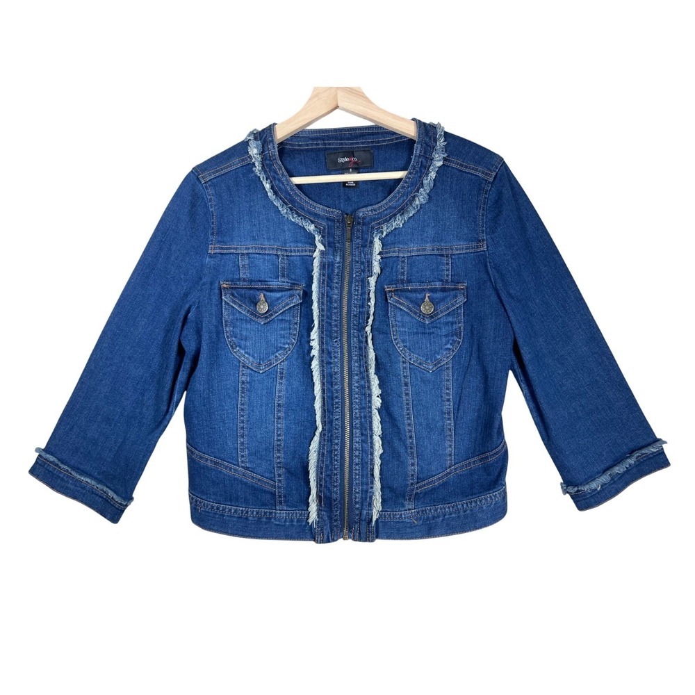 Style & Co Womens Medium Wash Frayed Trim Zip Front Denim Jacket Boho Size‎ S